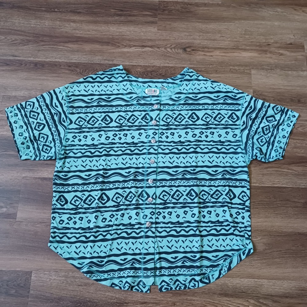 Stefano International Vintage Tribal Print Button Up‎ Top Teal Green Plus 22/24W